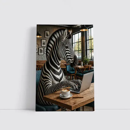 Zebra Working on Laptop in Cafe