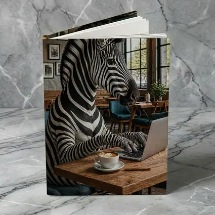 Zebra Working on Laptop in Cafe