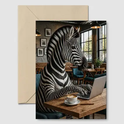 Zebra Working on Laptop in Cafe