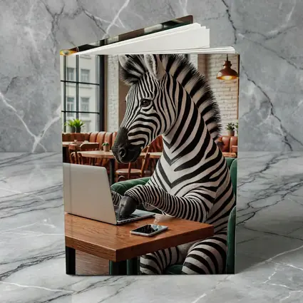 Zebra Working on Laptop in Cozy Cafe