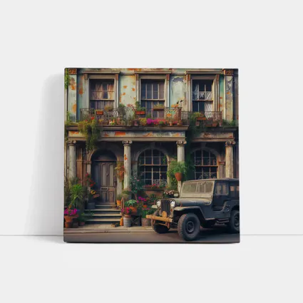 Vintage Jeep Parked Outside Rustic Building