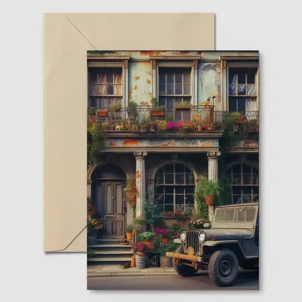 Vintage Jeep Parked Outside Rustic Building