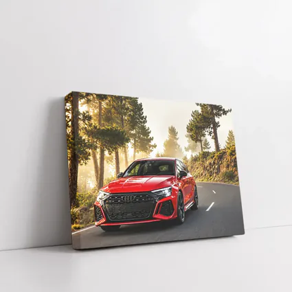 Audi RS3 Red on Misty Forest Road