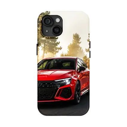 Audi RS3 Red on Misty Forest Road