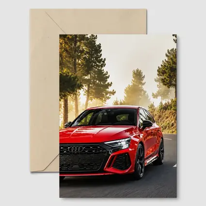 Audi RS3 Red on Misty Forest Road