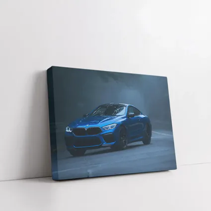 BMW M8 Blue Coupe Foggy Forest Road