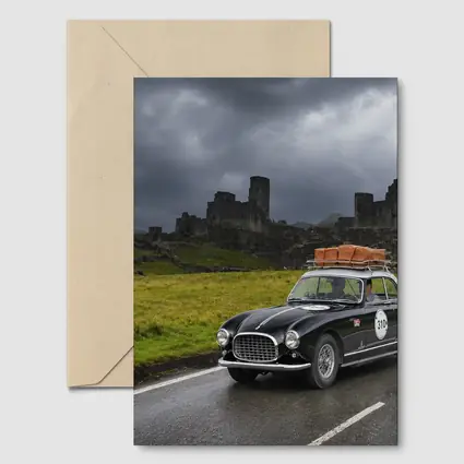 Classic Ferrari Coupe Rainy Castle Ruins