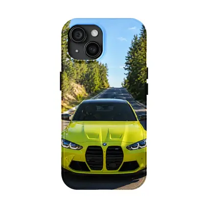 BMW M4 Yellow Front View Forest Road