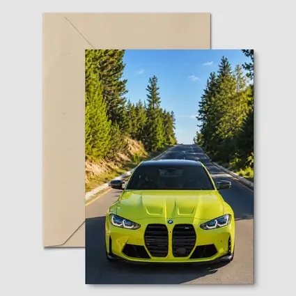 BMW M4 Yellow Front View Forest Road