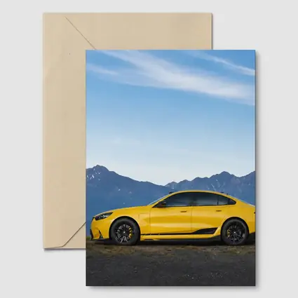 BMW M5 Yellow Coupe Mountain Backdrop