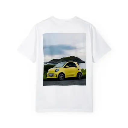 Smart Car Yellow Coastal Rocky Island Background