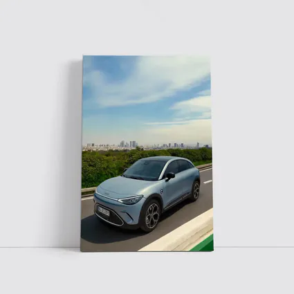 Smart Car Driving Highway City Skyline Background