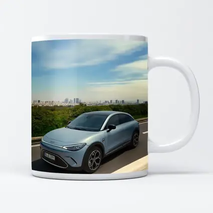 Smart Car Driving Highway City Skyline Background
