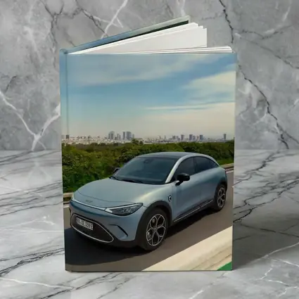 Smart Car Driving Highway City Skyline Background
