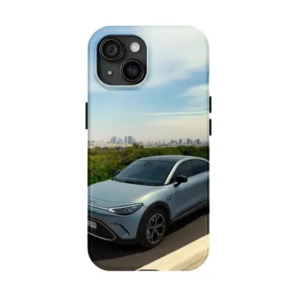 Smart Car Driving Highway City Skyline Background