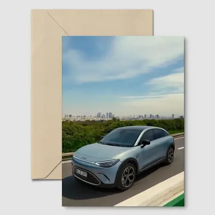 Smart Car Driving Highway City Skyline Background